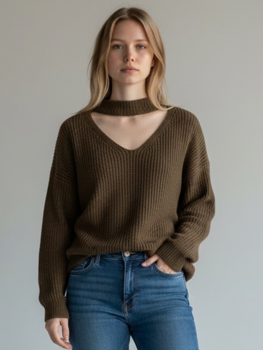 Miracle Olive Green Knit Cut-Out Choker Neck Pullover Sweater S/M
